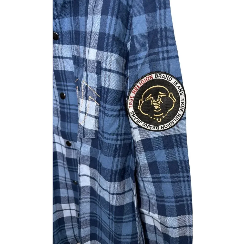 True religion 700744 logo patch brushed flannel shirt navy plaid size large